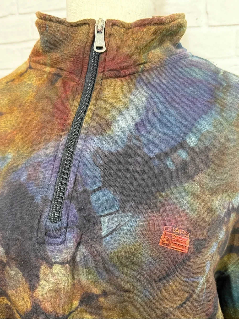 Upcycled Ice Dye Men’s Fleece Pullover, Chaps Brand, Reverse Tie Dye, Large Blue